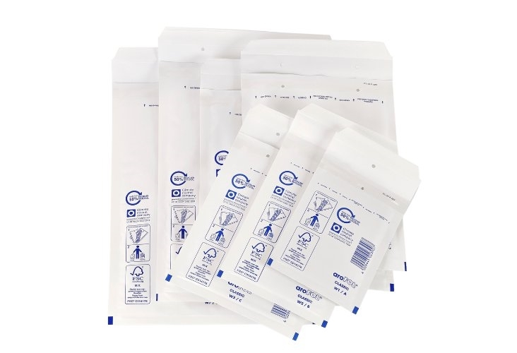 Stack of AroFOL white bubble envelopes.