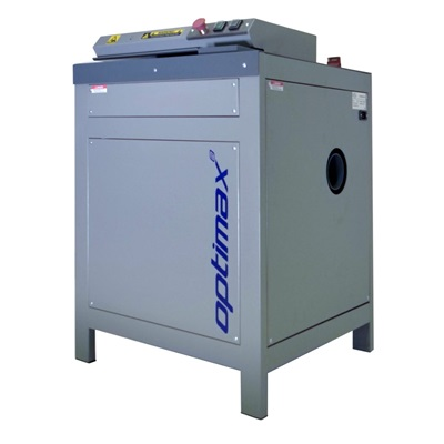 An Optimax industrial strapping or packaging machine in gray metal housing.