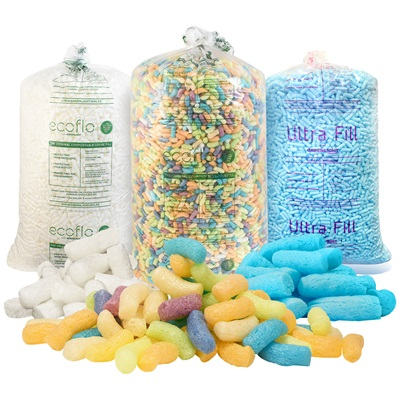 Three bags of packing peanuts in white, multicolored, and blue varieties, with loose fill scattered in front.