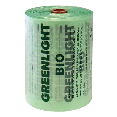 A roll of Greenlight Opus Bio biodegradable green packaging film.