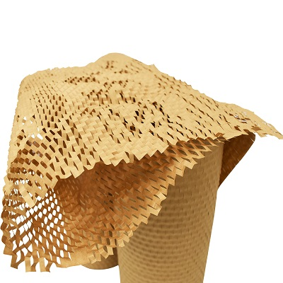 A roll of honeycomb kraft paper wrap expanded to show its flexible mesh cushioning pattern.