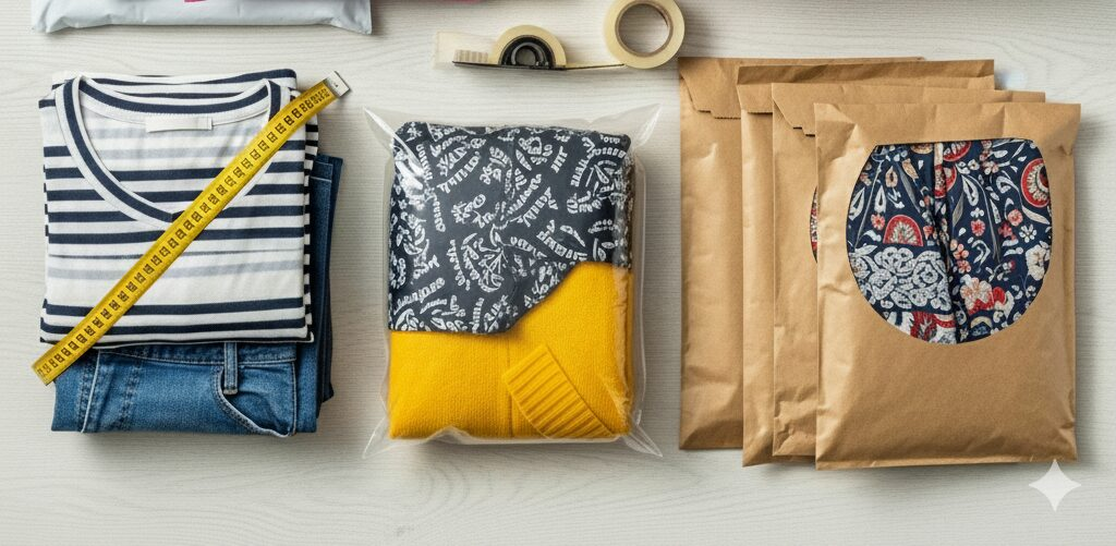 Flat lay of clothing items being prepared for shipping with poly bags, kraft paper mailers, and packing tape.