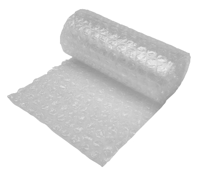 A partially unrolled roll of clear bubble wrap on a white background.
