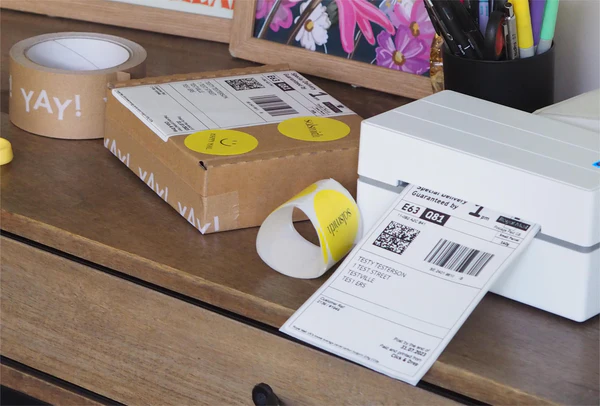 Shipping supplies on a wooden desk, including a cardboard box with labels, a kraft tape roll, a label dispenser, and a printed shipping label.