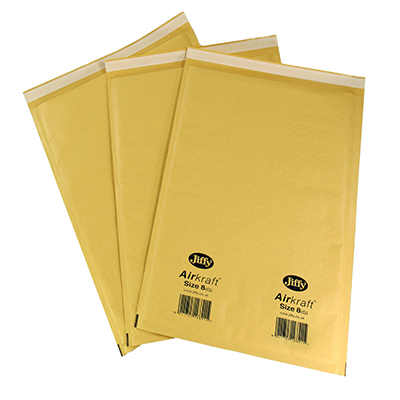 Three gold bubble-lined padded mailers with peel-and-seal closure and product labels with barcodes.