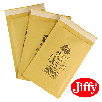 Three gold/brown Jiffy brand padded bubble mailers with peel-and-seal closure and size markings.