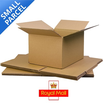 Open and flat Royal Mail small parcel cardboard boxes in brown/kraft color with Royal Mail logo.